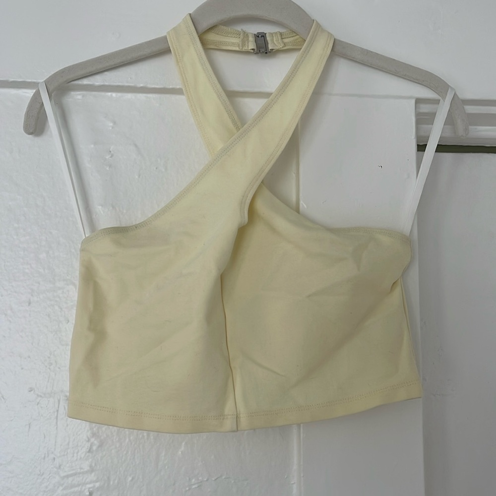Aritzia SunDeh Light Yellow Cross Strap Crop Top